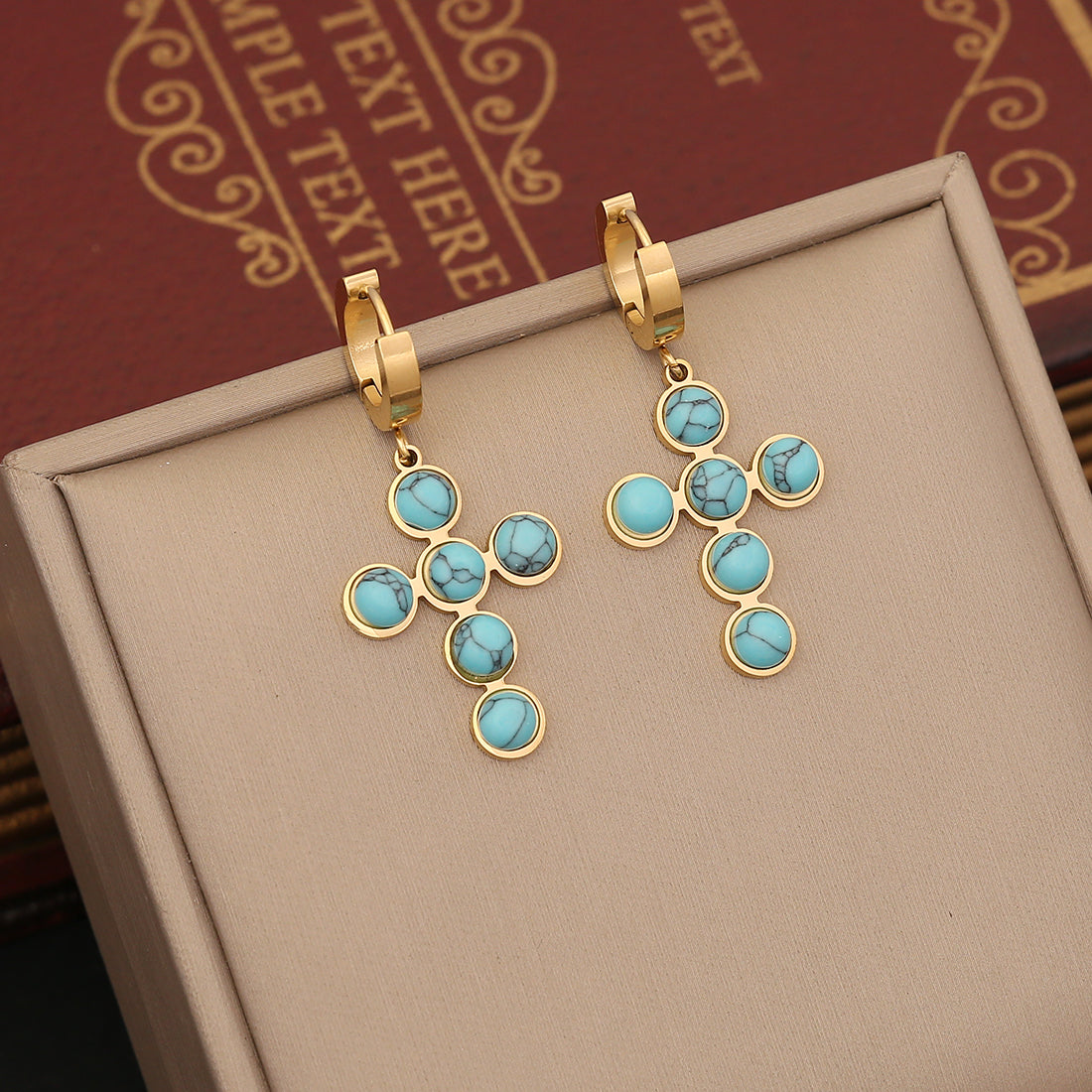 Vintage Style Cross Stainless Steel Plating Inlay Turquoise Jewelry Set