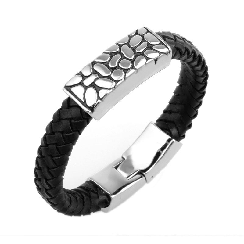 Retro Color Block Pu Leather Titanium Steel Irregular Men's Bangle