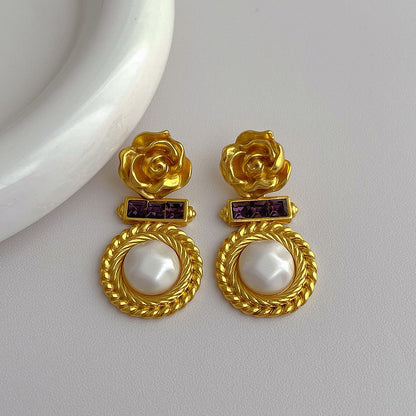 1 Piece Vintage Style Flower Plating Inlay Copper Artificial Gemstones Artificial Pearls 18k Gold Plated Drop Earrings