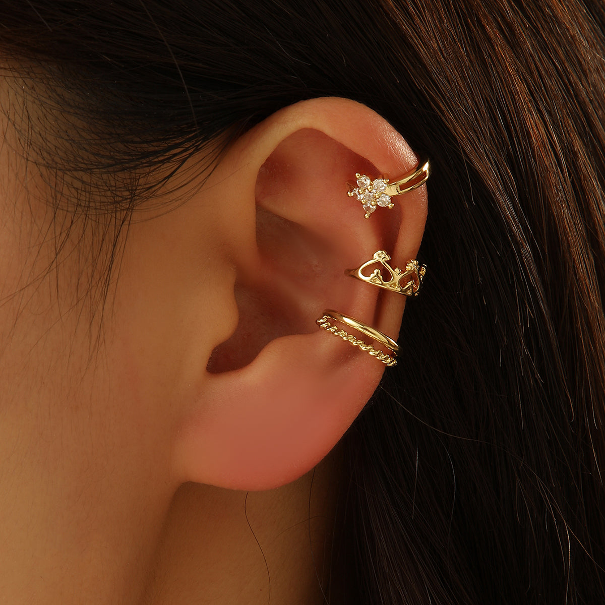Elegant Lady Heart Shape Crown Copper Plating Inlay Zircon Gold Plated Ear Cuffs