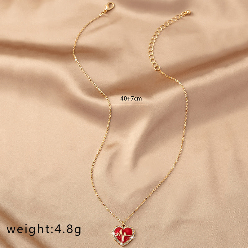 Sweet Korean Style Electrocardiogram Heart Shape Wings Rhinestones Pearl Alloy Wholesale Pendant Necklace