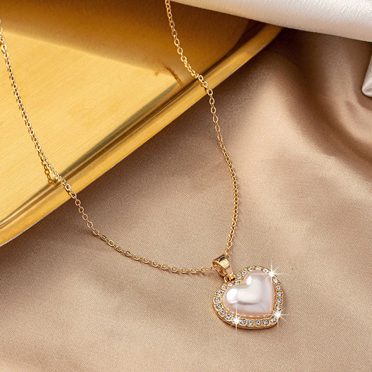 Sweet Korean Style Electrocardiogram Heart Shape Wings Rhinestones Pearl Alloy Wholesale Pendant Necklace