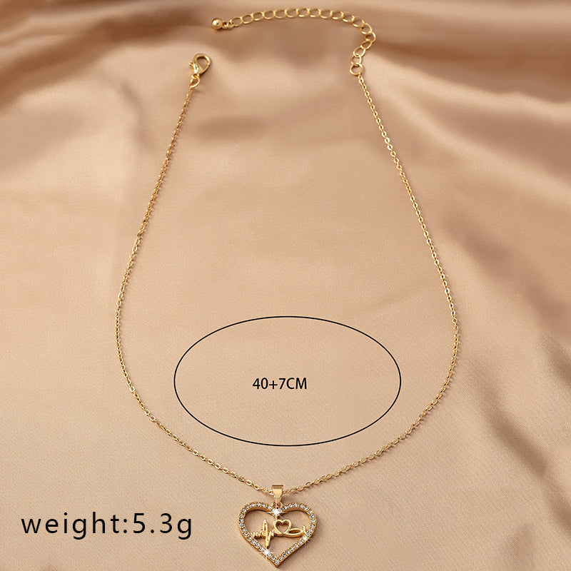 Sweet Korean Style Electrocardiogram Heart Shape Wings Rhinestones Pearl Alloy Wholesale Pendant Necklace