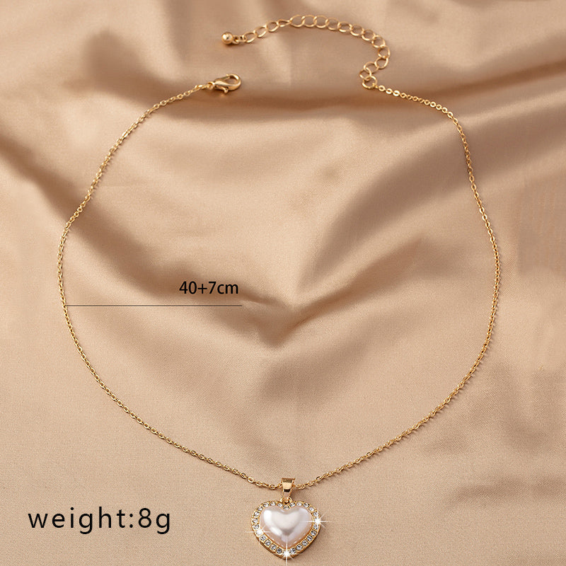 Sweet Korean Style Electrocardiogram Heart Shape Wings Rhinestones Pearl Alloy Wholesale Pendant Necklace