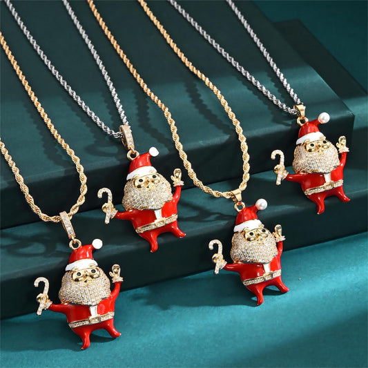 Christmas Streetwear Santa Claus Copper Enamel Plating Inlay Pearl Zircon 18k Gold Plated Pendant Necklace