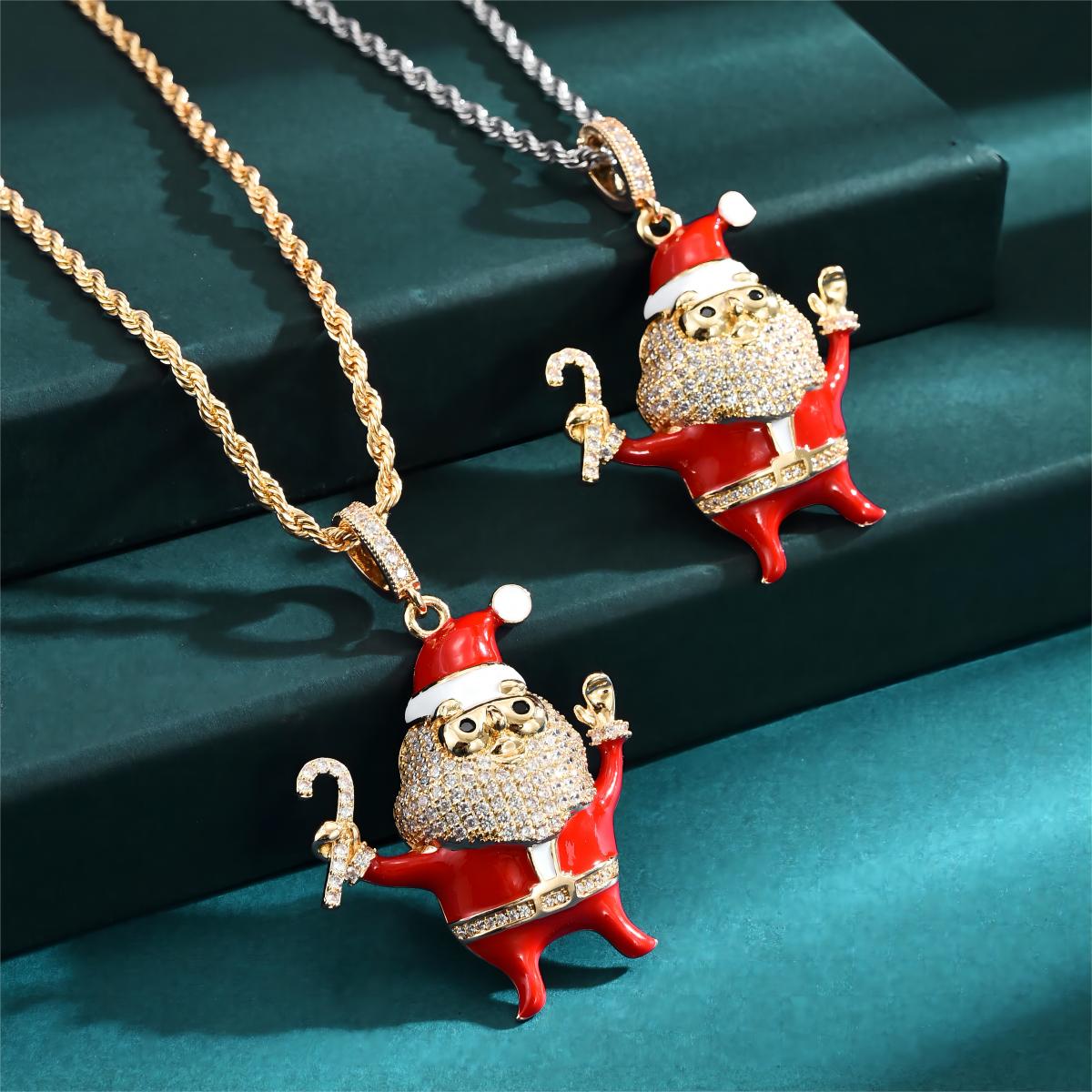 Christmas Streetwear Santa Claus Copper Enamel Plating Inlay Pearl Zircon 18k Gold Plated Pendant Necklace