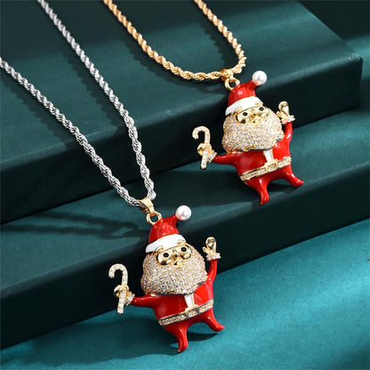 Christmas Streetwear Santa Claus Copper Enamel Plating Inlay Pearl Zircon 18k Gold Plated Pendant Necklace