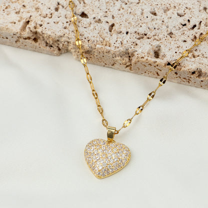 Simple Style Heart Shape Stainless Steel Plating Inlay Zircon 18k Gold Plated Pendant Necklace