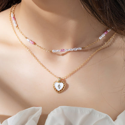 Wholesale Elegant Heart Shape Stainless Steel Artificial Pearl Gold Plated Layered Necklaces