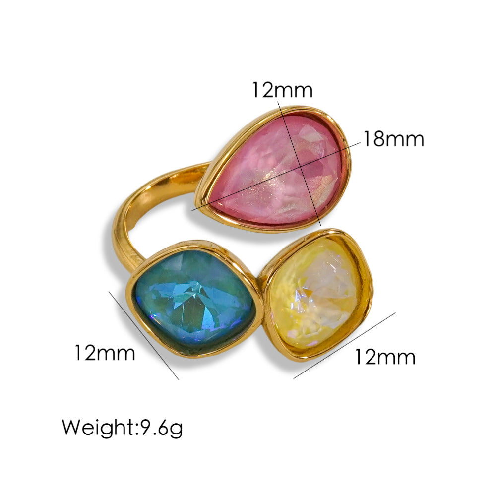 Vintage Style Geometric Color Block Stainless Steel Plating Inlay Zircon Open Rings