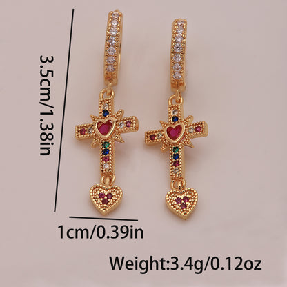 1 Pair Ig Style Vintage Style Cross Heart Shape Plating Inlay Copper Artificial Gemstones Zircon 18k Gold Plated Drop Earrings