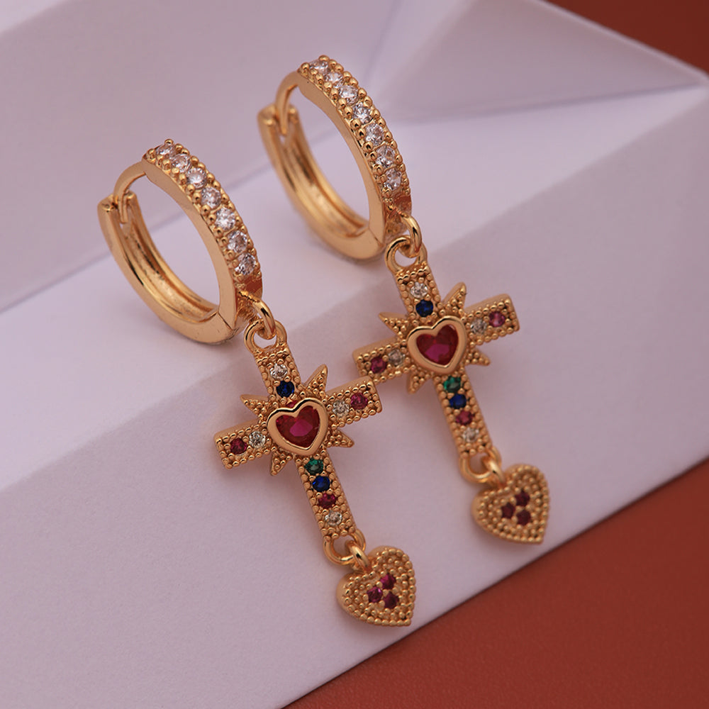 1 Pair Ig Style Vintage Style Cross Heart Shape Plating Inlay Copper Artificial Gemstones Zircon 18k Gold Plated Drop Earrings