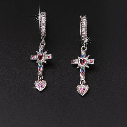 1 Pair Ig Style Vintage Style Cross Heart Shape Plating Inlay Copper Artificial Gemstones Zircon 18k Gold Plated Drop Earrings