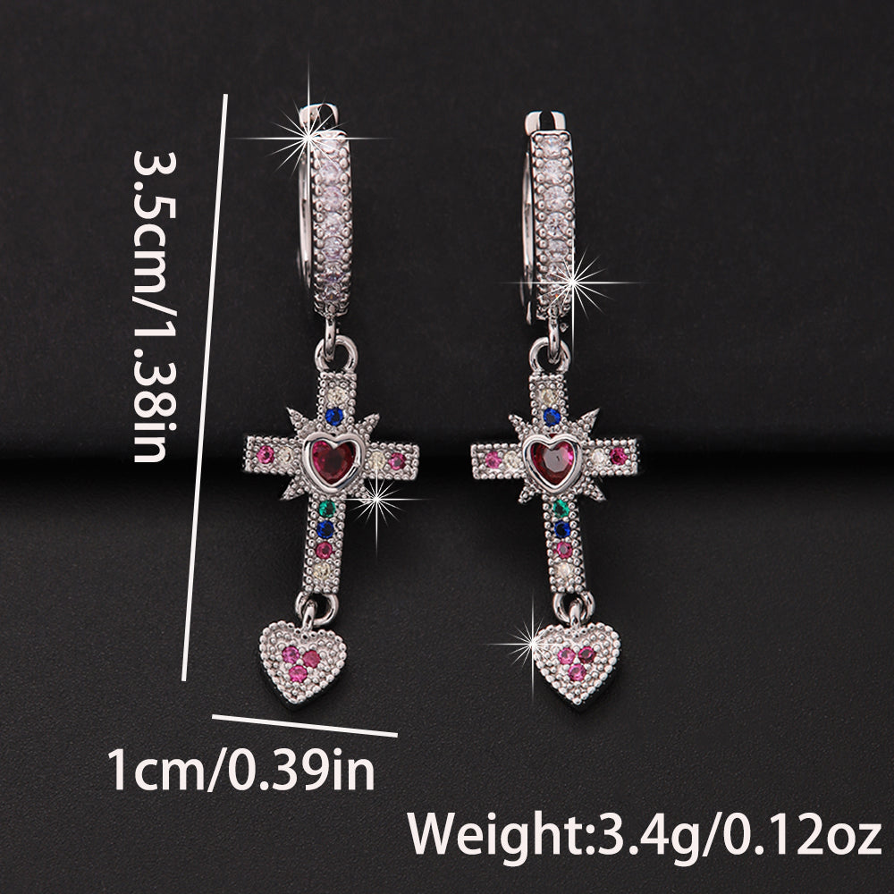 1 Pair Ig Style Vintage Style Cross Heart Shape Plating Inlay Copper Artificial Gemstones Zircon 18k Gold Plated Drop Earrings