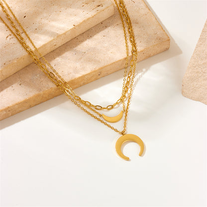 Wholesale Retro Korean Style Moon Titanium Steel Layered Plating 18k Gold Plated Layered Necklaces