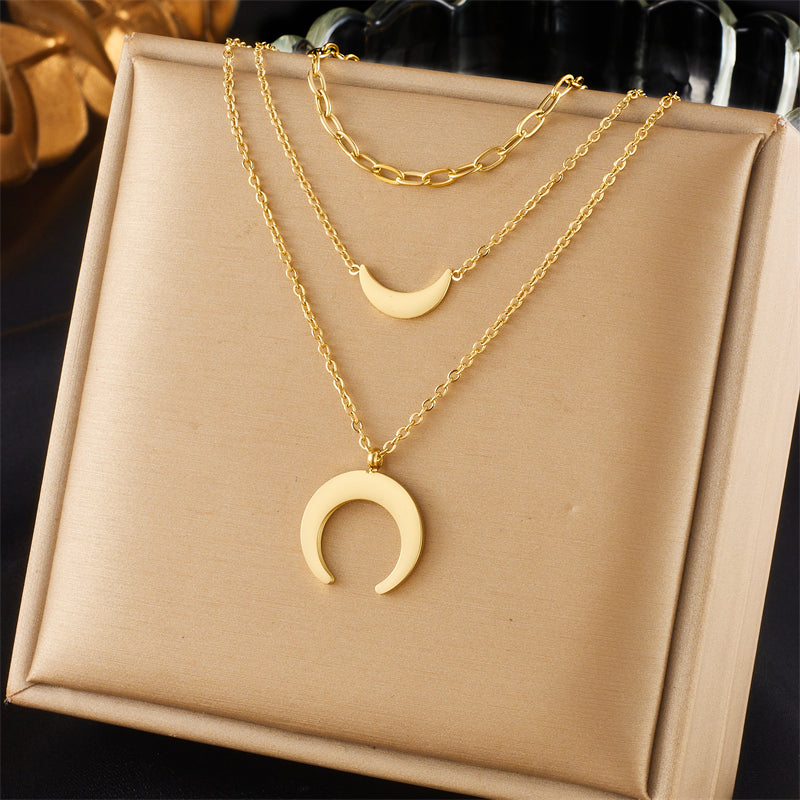 Wholesale Retro Korean Style Moon Titanium Steel Layered Plating 18k Gold Plated Layered Necklaces