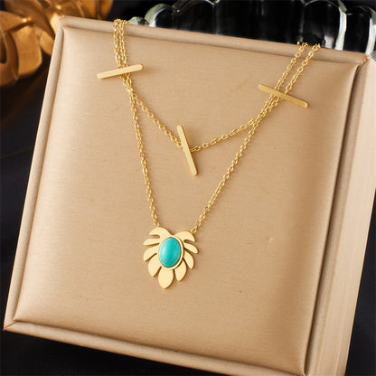 Wholesale Vintage Style Color Block Titanium Steel Plating 18k Gold Plated Pendant Necklace