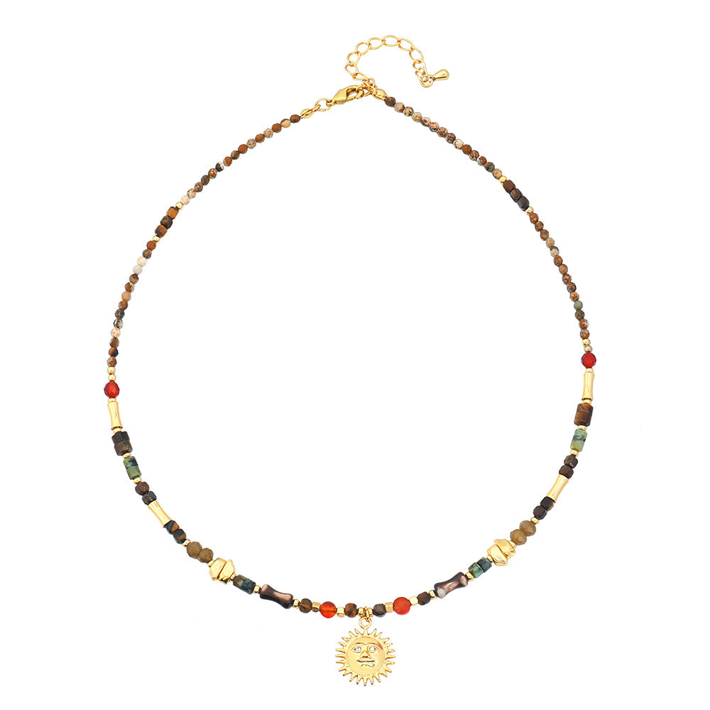 Ig Style Sun Natural Stone Copper Beaded Handmade Inlay Zircon Pendant Necklace