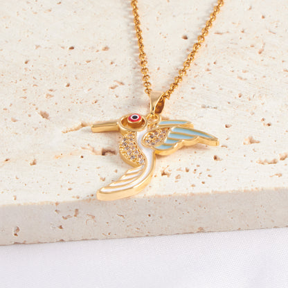 Wholesale Vintage Style Bird Stainless Steel Plating Inlay 18k Gold Plated Rhinestones Zircon Pendant Necklace