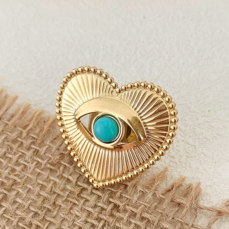 Hip-hop Retro Heart Shape Stainless Steel Plating Inlay Turquoise Gold Plated Open Rings