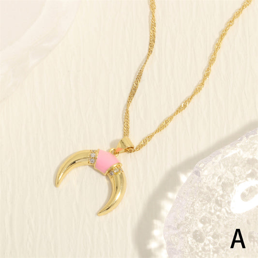 Simple Style Moon Copper Enamel Plating Inlay Zircon 18k Gold Plated Pendant Necklace