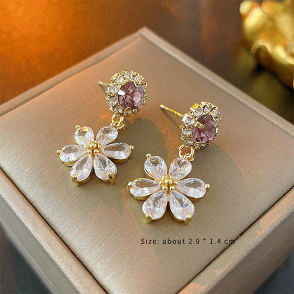 1 Pair Simple Style Shiny Flower Plating Inlay Copper Artificial Crystal 14k Gold Plated Drop Earrings