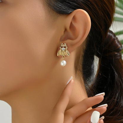 1 Pair Simple Style Insect Bow Knot Pearl Inlay Alloy Zinc Rhinestones Drop Earrings Ear Studs