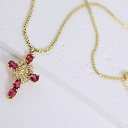 Luxurious Cross Copper Plating Metal Inlay Zircon 18k Gold Plated Pendant Necklace