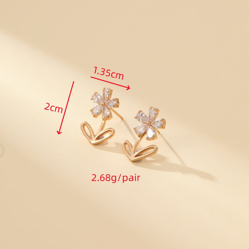 1 Pair Cute Simple Style Shiny Flower Inlay Copper Zircon Gold Plated Ear Studs