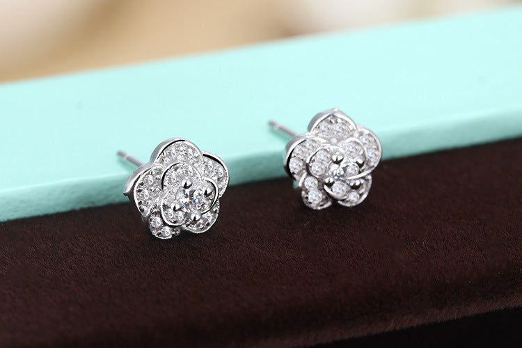 1 Pair Lady Flower Plating Inlay Copper Zircon White Gold Plated Ear Studs