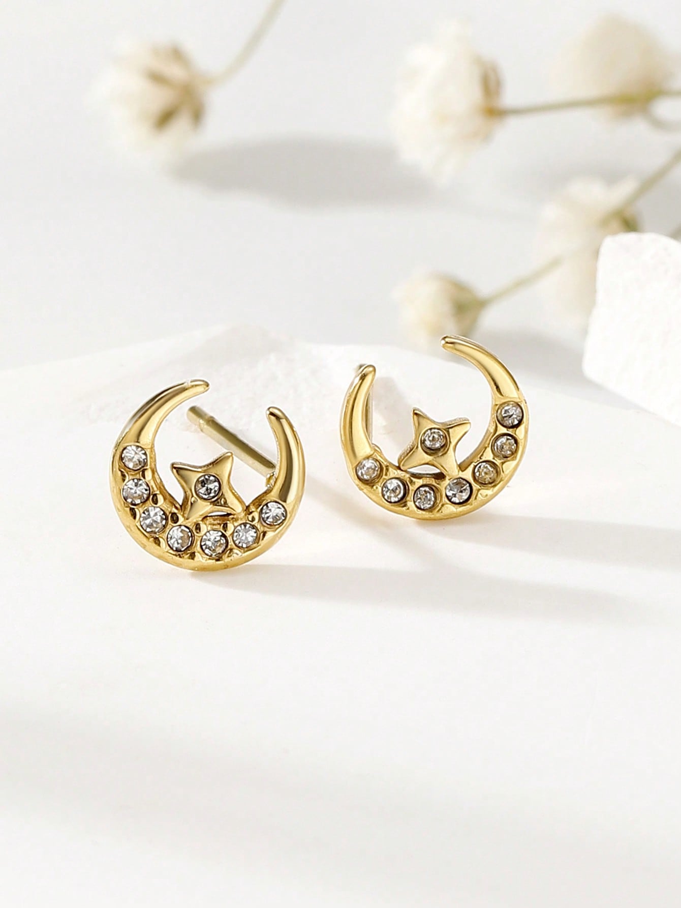 1 Pair Simple Style Commute Moon Plating Inlay Stainless Steel Zircon 18k Gold Plated Ear Studs