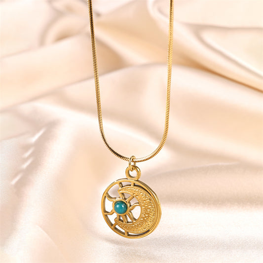 Vintage Style Simple Style Moon Stainless Steel Plating Inlay Turquoise Gold Plated Pendant Necklace