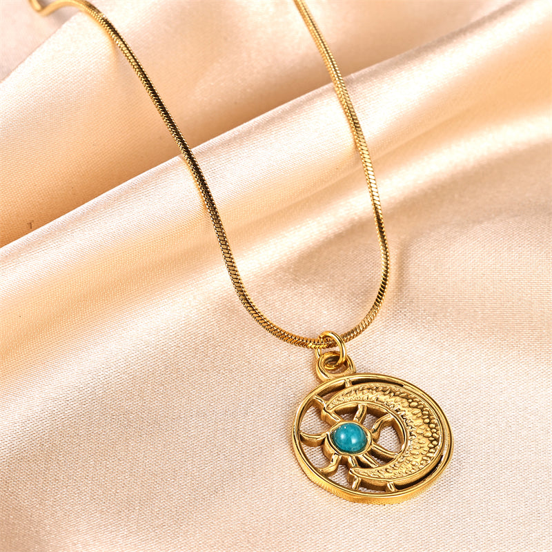 Vintage Style Simple Style Moon Stainless Steel Plating Inlay Turquoise Gold Plated Pendant Necklace