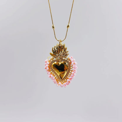 Vintage Style Heart Shape Copper Gold Plated Seed Bead Pendant Necklace In Bulk