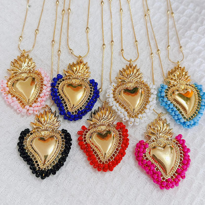 Vintage Style Heart Shape Copper Gold Plated Seed Bead Pendant Necklace In Bulk