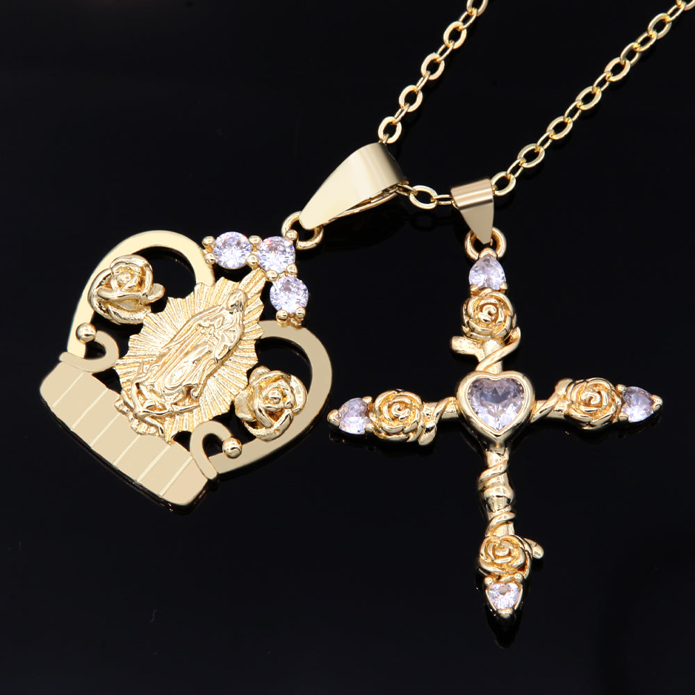 Elegant Romantic Cross Rose Crown Copper Plating Inlay Carving Zircon 18k Gold Plated Unisex Pendant Necklace