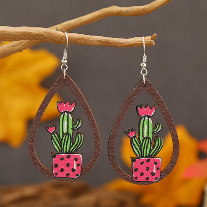 1 Pair Cute Funny Cactus Cattle Flower Hollow Out Wood No Inlaid Ear Hook