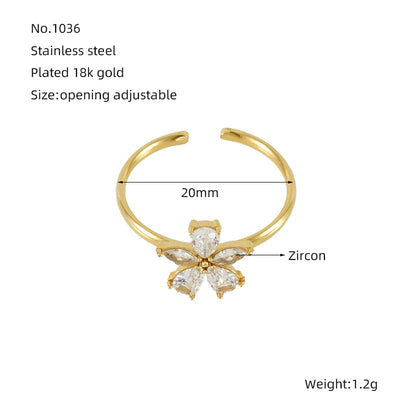 Elegant Lady Flower Stainless Steel Plating Inlay Zircon 18k Gold Plated Open Rings