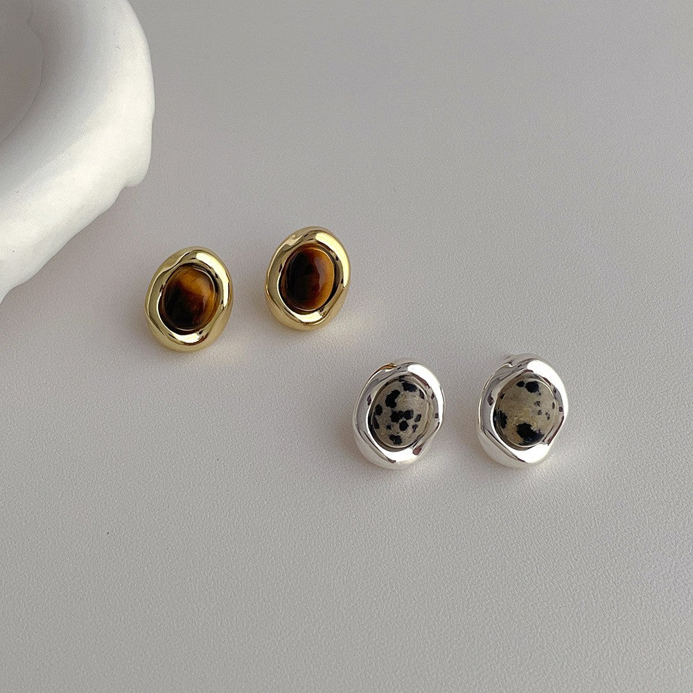 1 Piece Vintage Style Geometric Oval Plating Inlay Copper Natural Stone 14k Gold Plated White Gold Plated Ear Studs