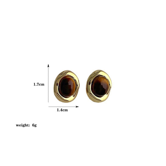 1 Piece Vintage Style Geometric Oval Plating Inlay Copper Natural Stone 14k Gold Plated White Gold Plated Ear Studs