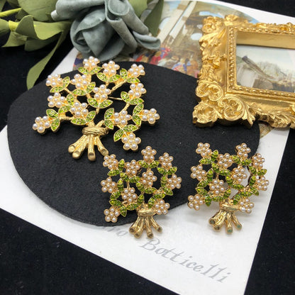 Elegant Flower Alloy Enamel Inlay Artificial Pearls Women's Earrings Brooches