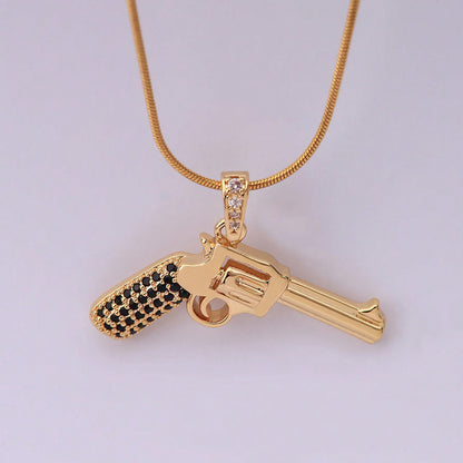 Hip-hop Rock Roman Style Pistol Artificial Crystal Steel Copper Plating Inlay Zircon 18k Gold Plated Unisex Pendant Necklace