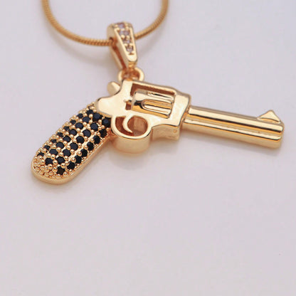 Hip-hop Rock Roman Style Pistol Artificial Crystal Steel Copper Plating Inlay Zircon 18k Gold Plated Unisex Pendant Necklace