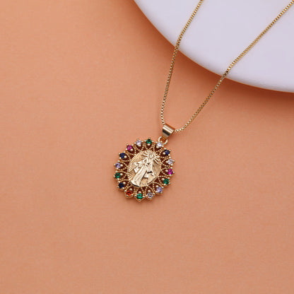 Vintage Style Virgin Mary Copper 18k Gold Plated Zircon Pendant Necklace In Bulk