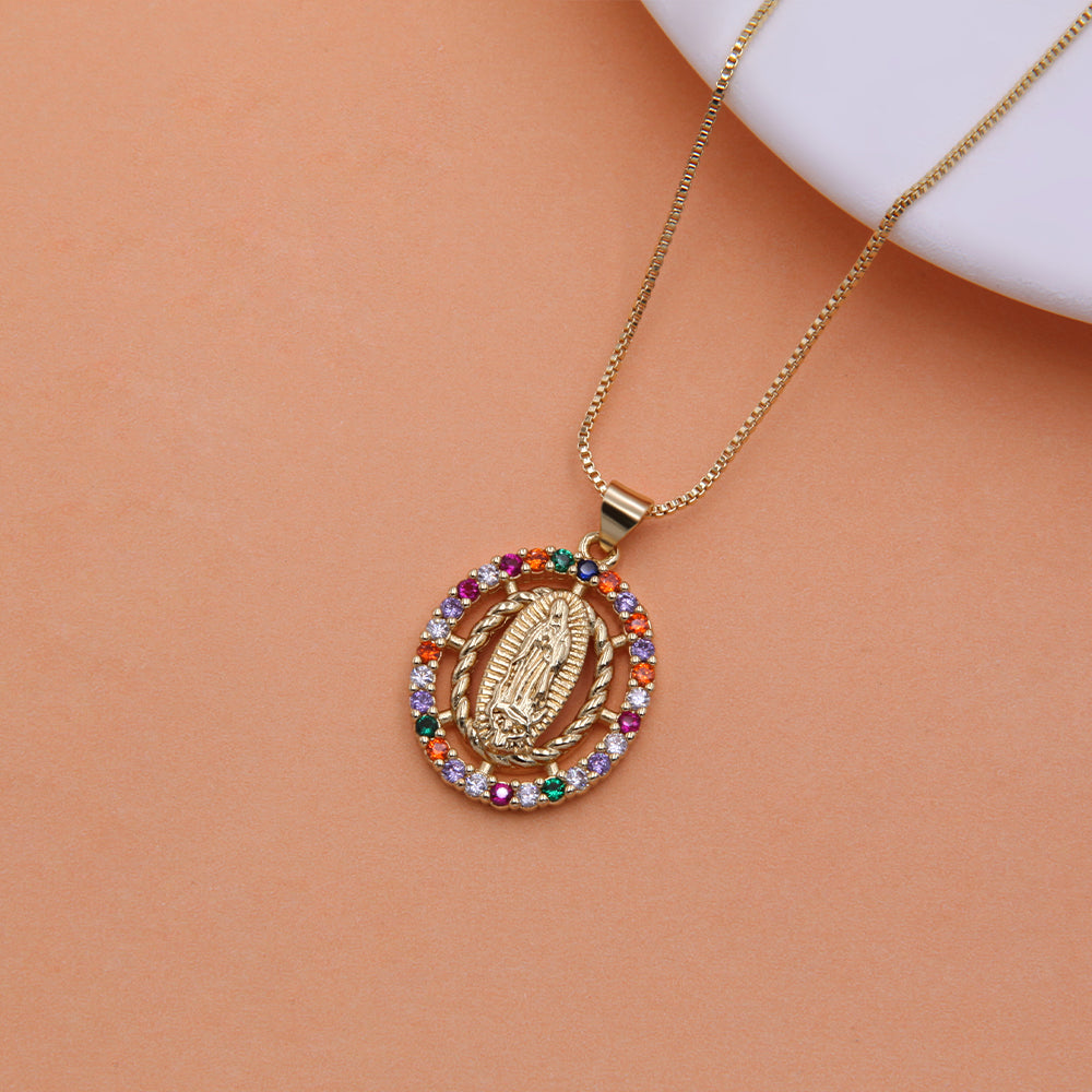 Vintage Style Virgin Mary Copper 18k Gold Plated Zircon Pendant Necklace In Bulk