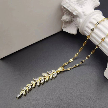 Ig Style Shiny Leaves Stainless Steel Inlay Rhinestones Pendant Necklace