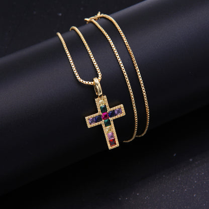 Vintage Style Cross Copper 18k Gold Plated Corundum Gem Zircon Pendant Necklace In Bulk