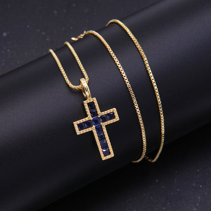 Vintage Style Cross Copper 18k Gold Plated Corundum Gem Zircon Pendant Necklace In Bulk