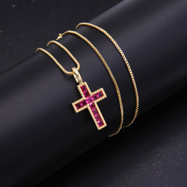 Vintage Style Cross Copper 18k Gold Plated Corundum Gem Zircon Pendant Necklace In Bulk