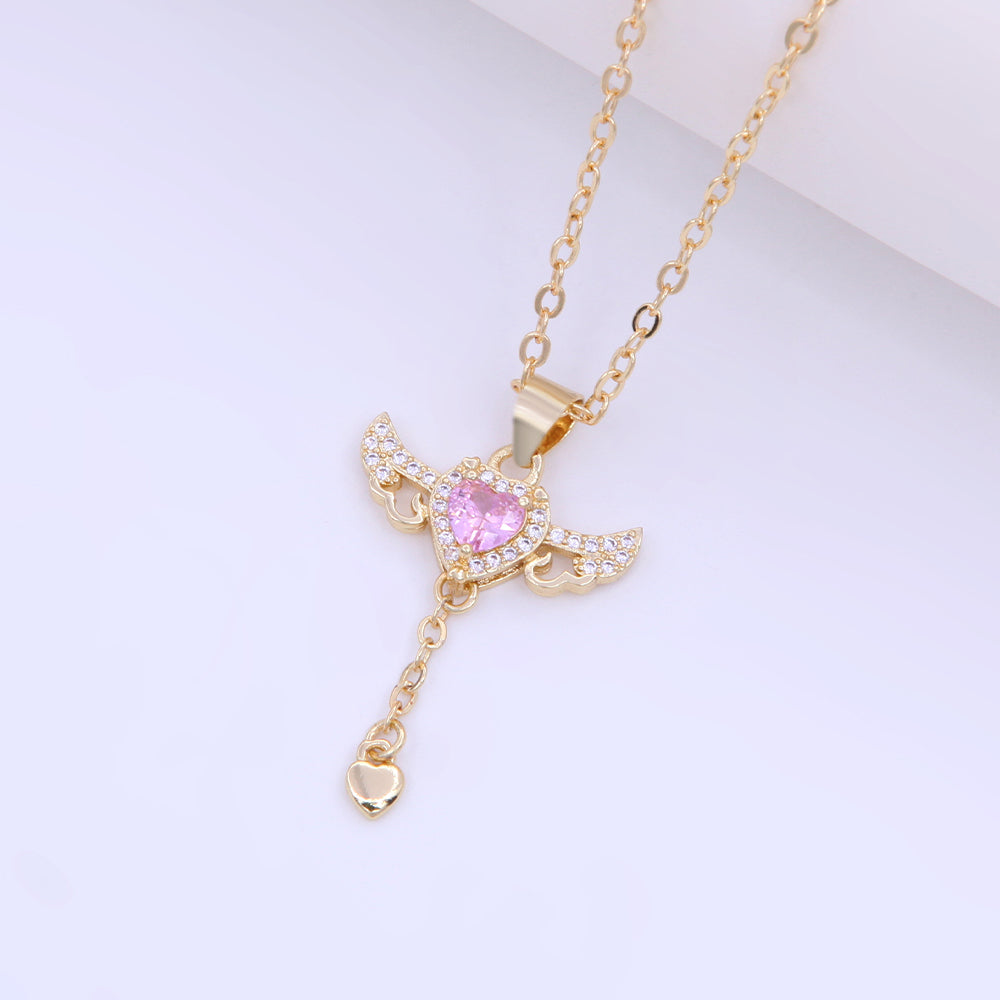 Elegant Sweet Heart Shape Wings Copper 18k Gold Plated Zircon Pendant Necklace In Bulk